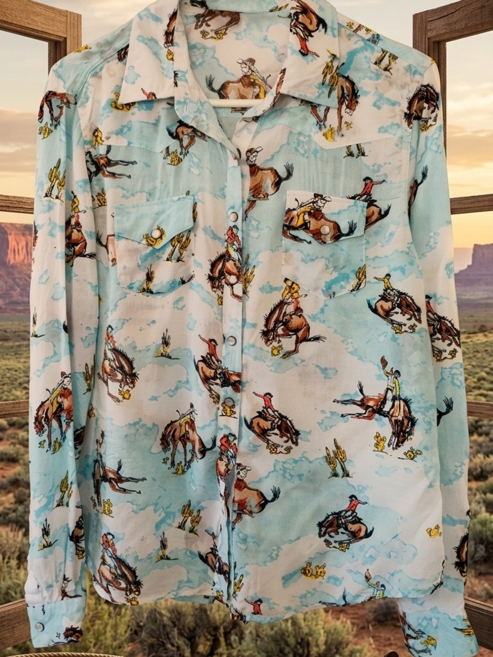Men's Light Blue Western Print Button-Up Shirt
